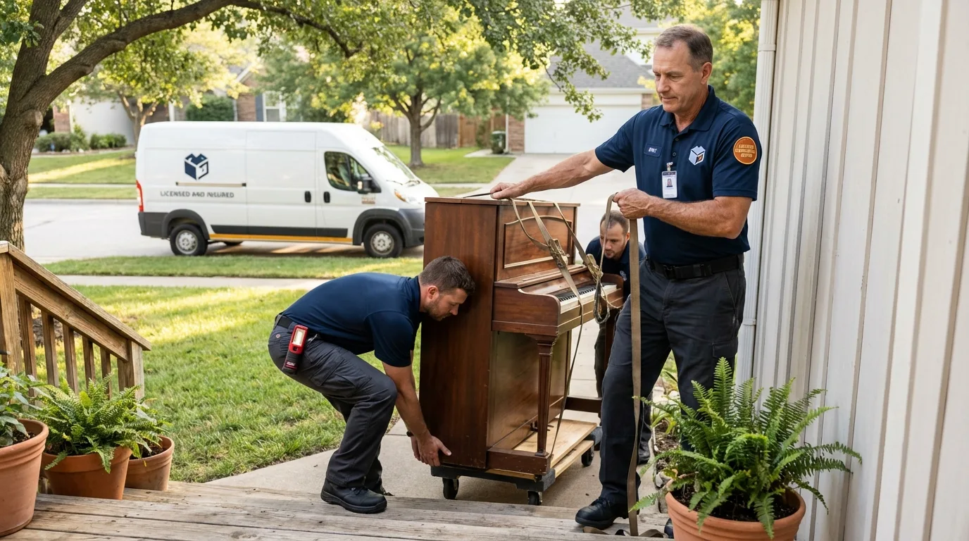 Licensed piano movers securing grand piano in Sterling, KS