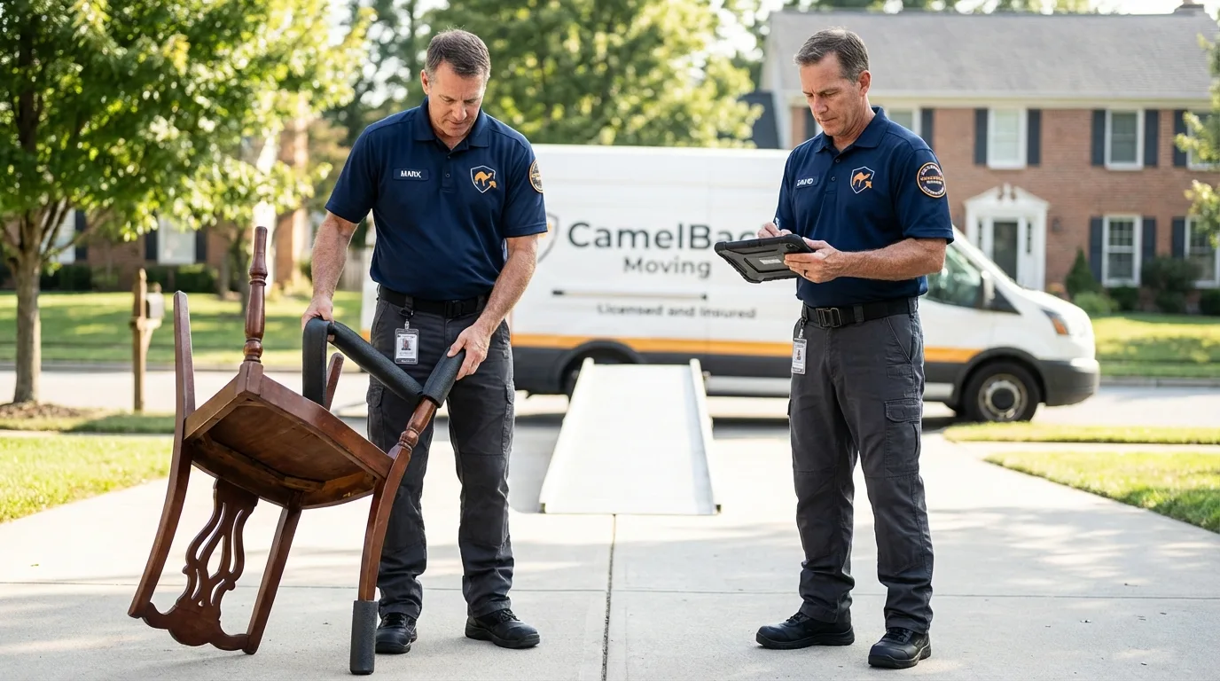 Movers inspecting furniture for damage prevention before loading in Sterling, KS