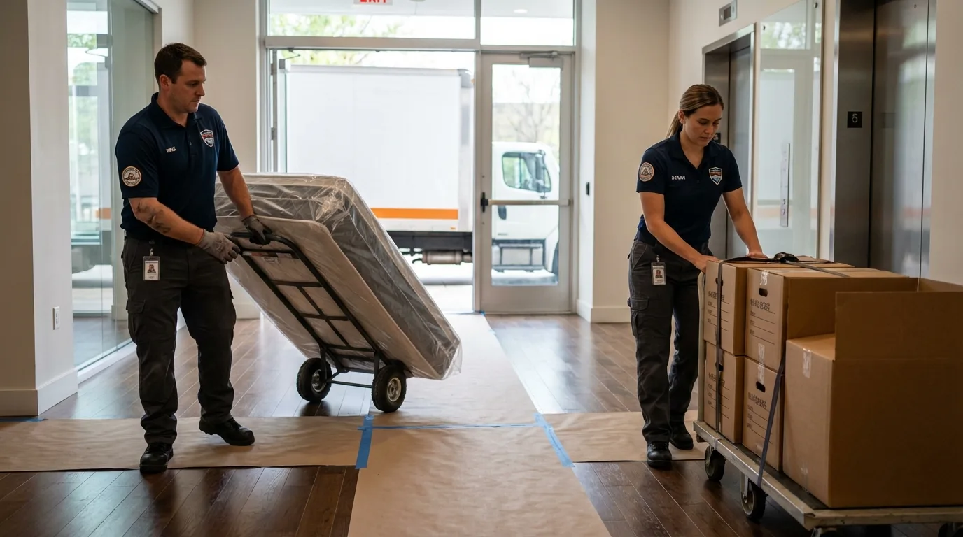 Professional apartment movers loading elevator in Sterling, KS