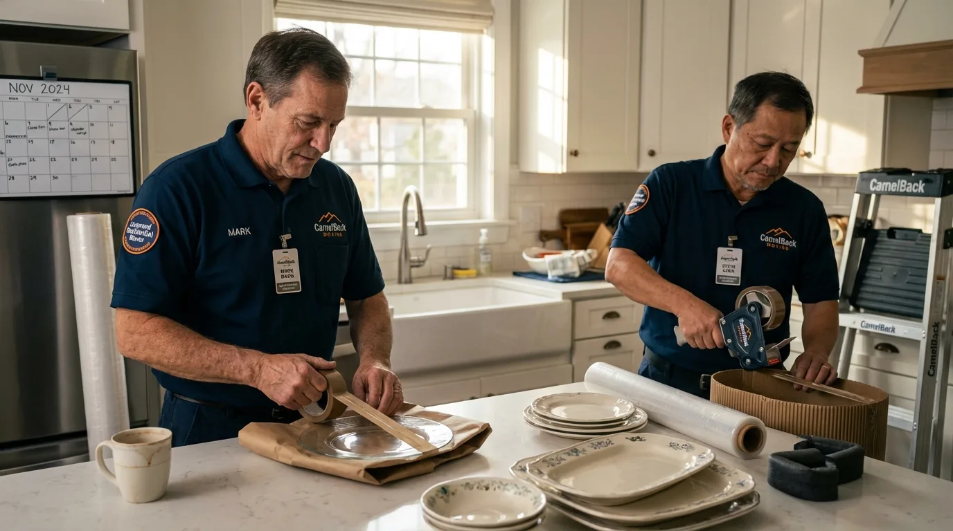 Professional crew packing kitchen dishware in Sterling, KS